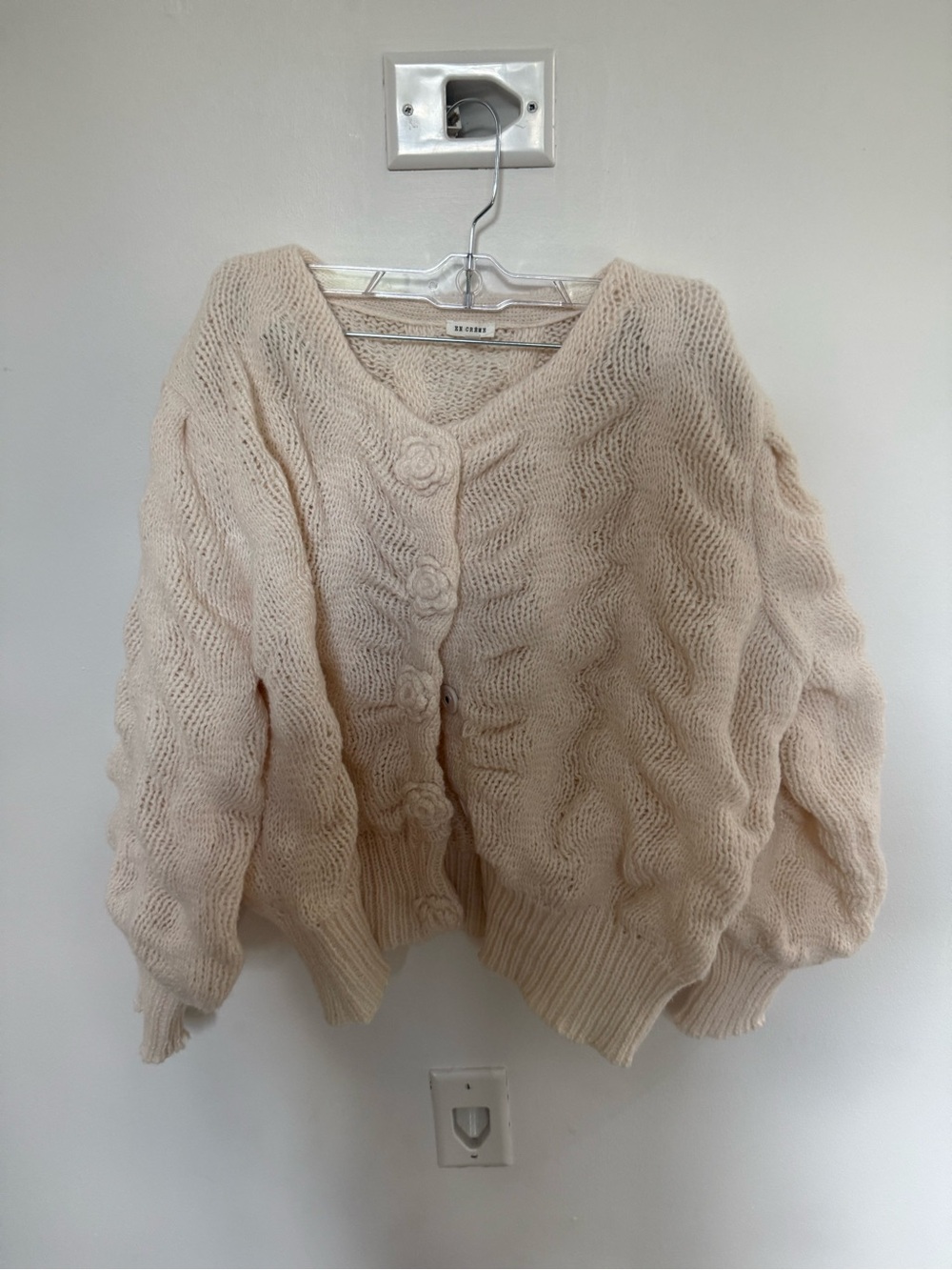 Chunky Cream Cable Knit Sweater Cardigan w/ Flower Detailing on Buttons